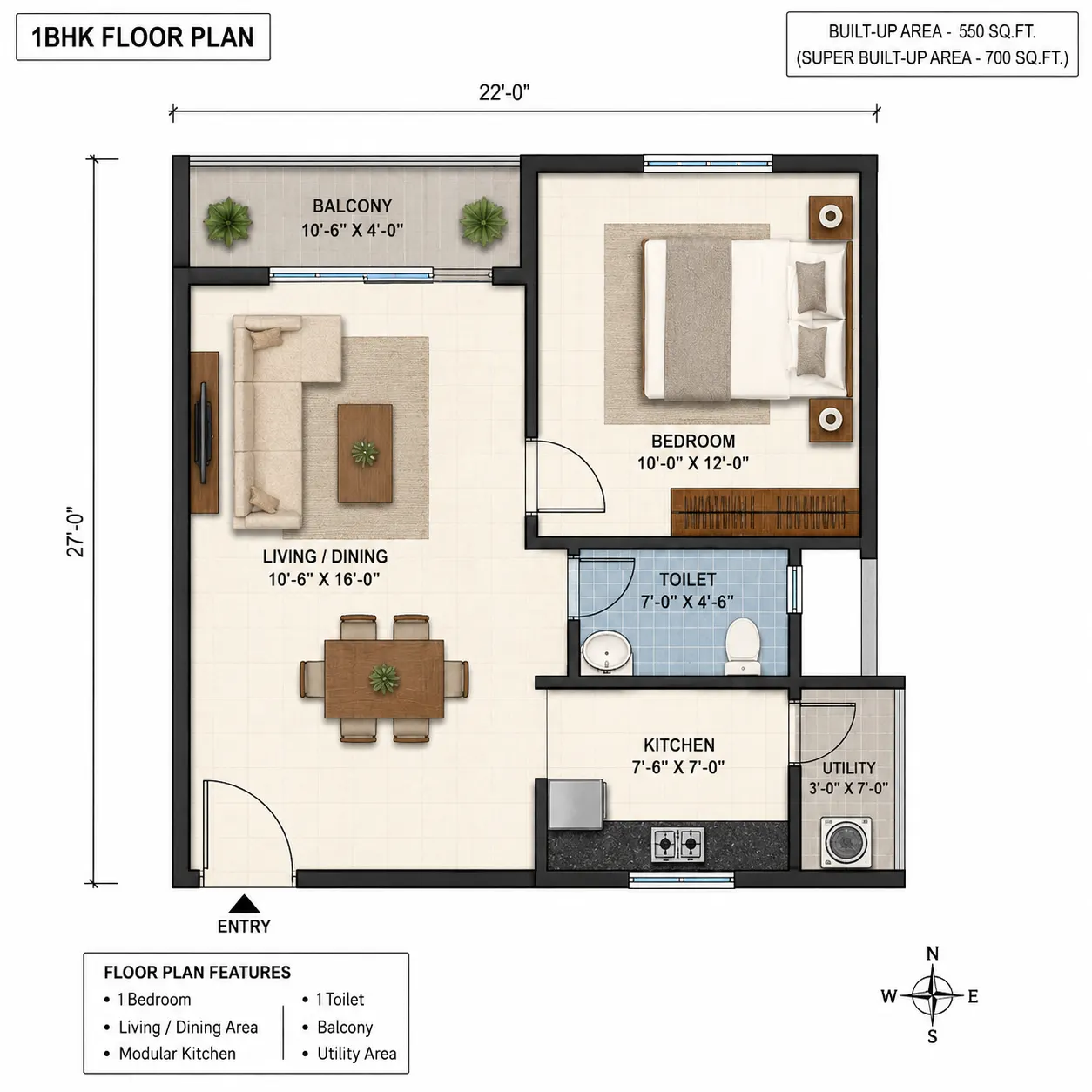 1 BHK Floor Plan