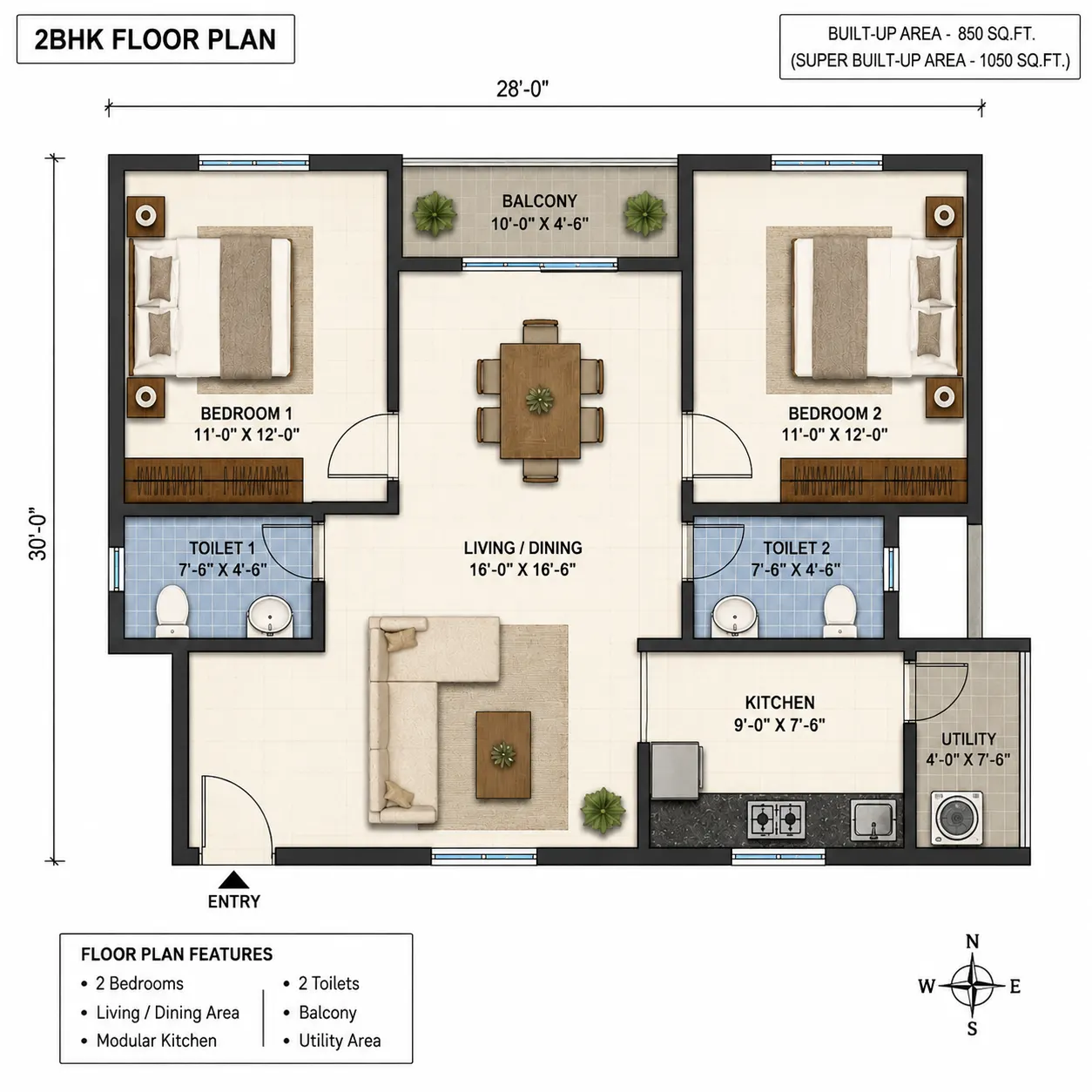 2 BHK Floor Plan